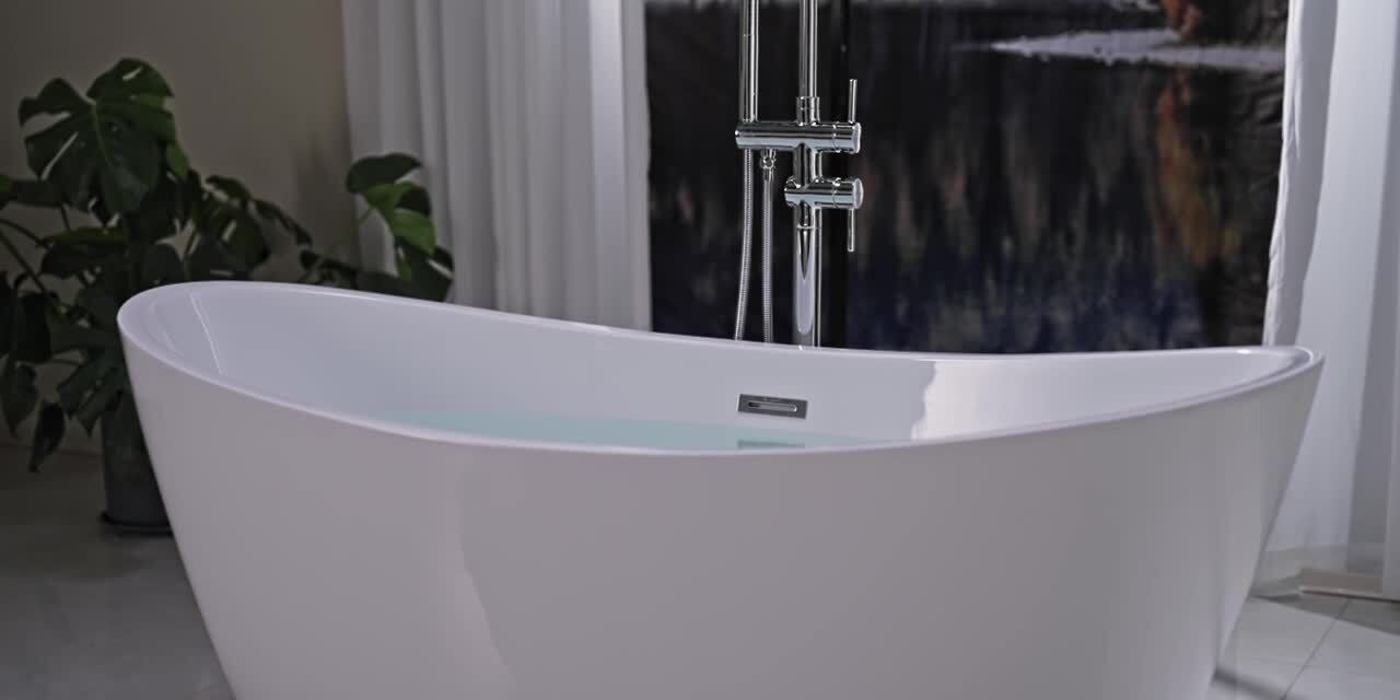 59 in. Acrylic Flatbottom Hourglass Freestanding Soaking Bathtub in White with Brushed Nickel Overflow and Drain