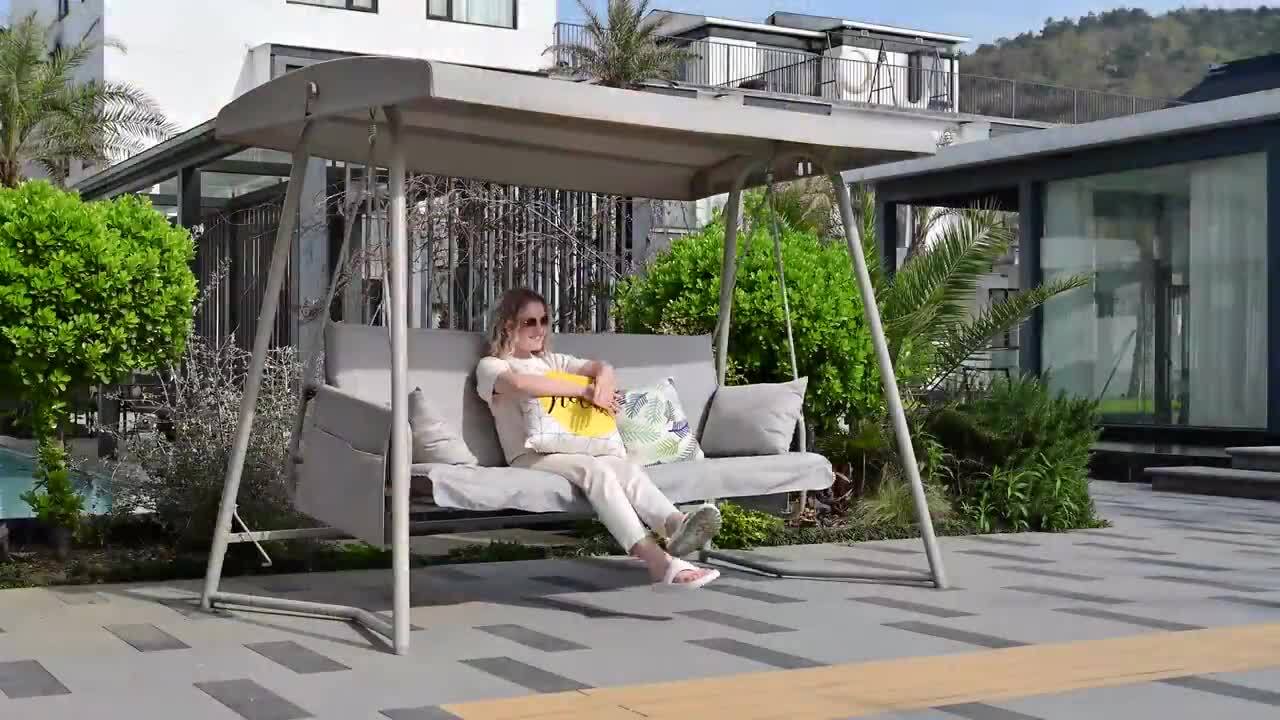 Adjustable and Home The - Depot Gray LGPW42034 Patio Canopy Nestfair Cushion Swing Chair 3-Seater Metal with