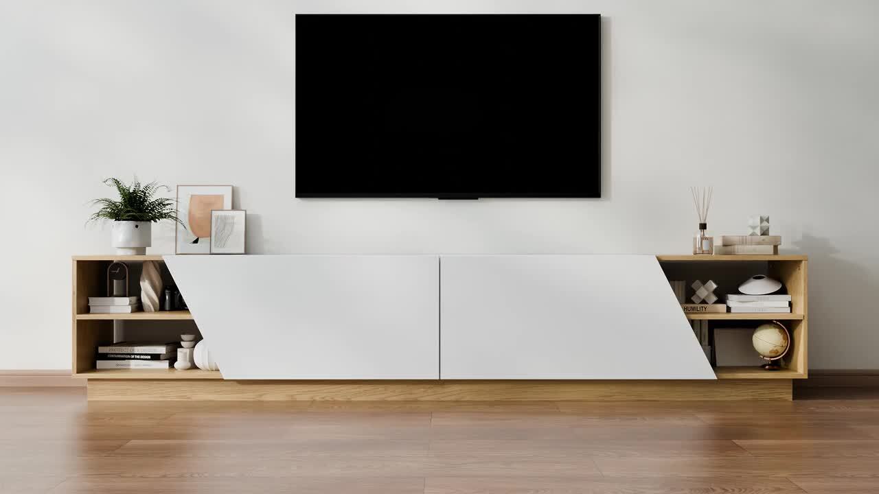 FUFU&GAGA White/Oak Wood TV Media Console Entertainment Center