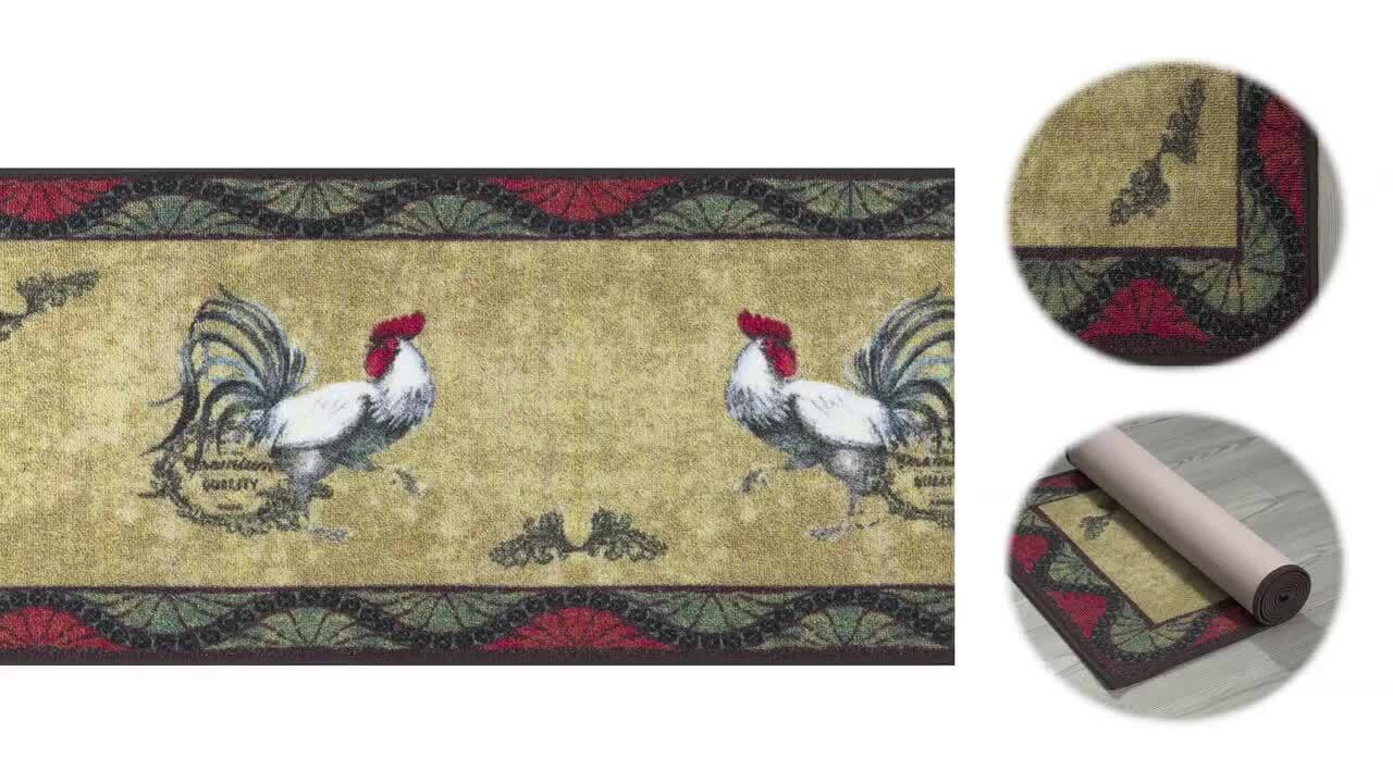 Rooster and Lemoms floorcloth in front of the refrigerator.