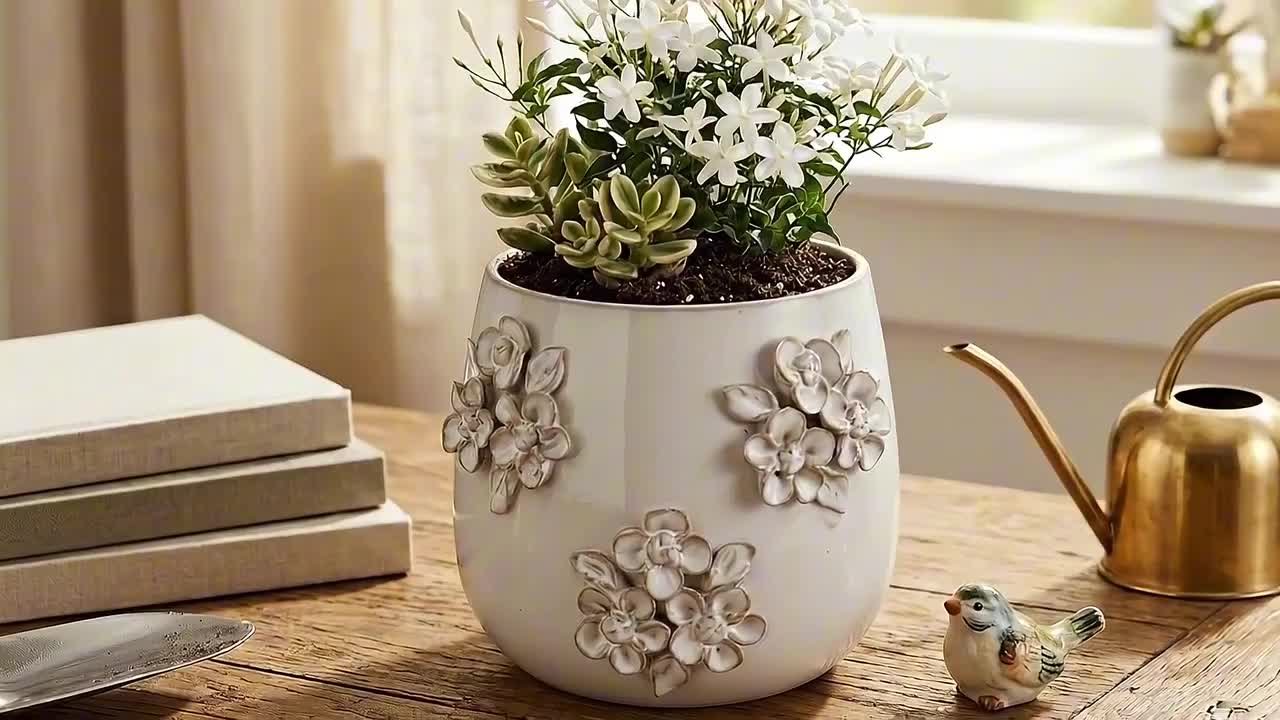 Liv & Skye Ivory Ceramic Flower Bunches Applique Planter (6 in. W