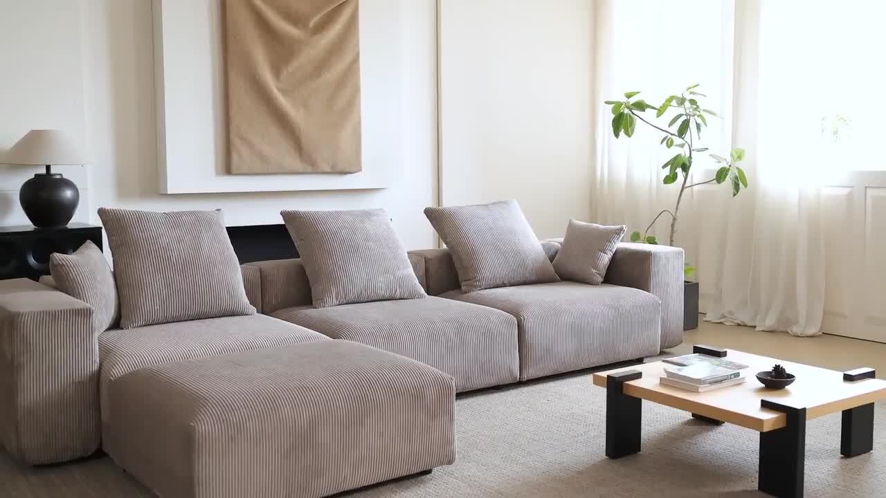 Magic Home 102 in. Square Arm Extra Oversized 3-Piece L-Shaped Corduroy Modular Deep Seat Sectional Sofa Couch with Ottoman, Brown MH-NL126BR-S2+1