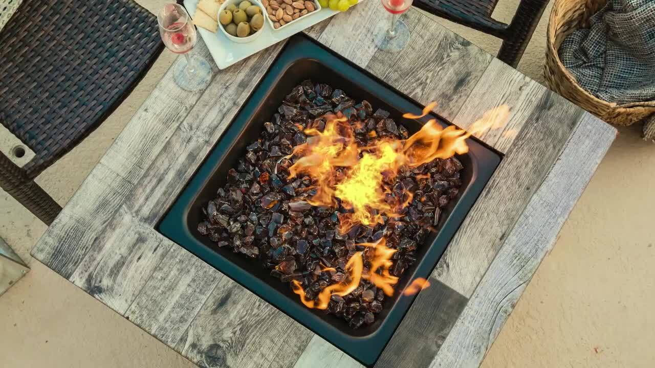 30 in. W x 24.6 in H Square Steel UV Printed Propane Rustic Wood Oil Rubbed  Bronze Look Fire Pit Base 50K BTU Burner