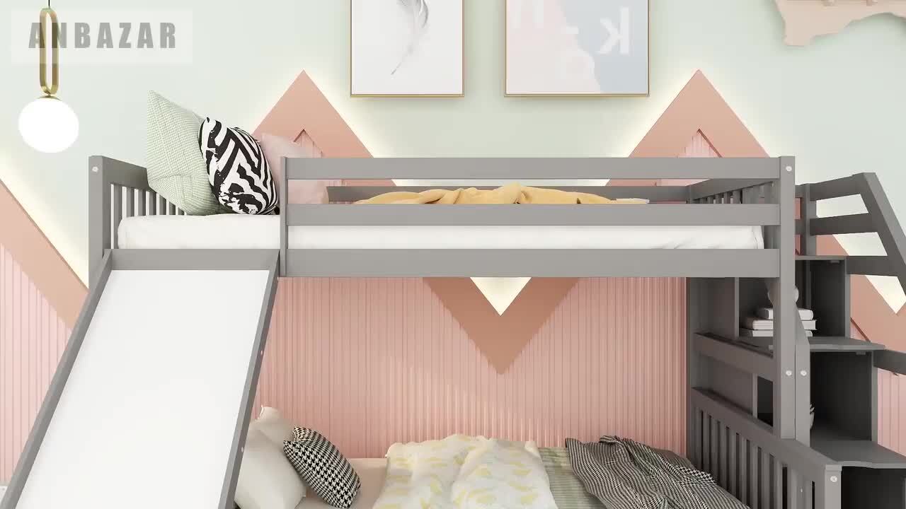 ANBAZAR Twin Over Full Bunk Beds, Storage Low Bunk Beds with