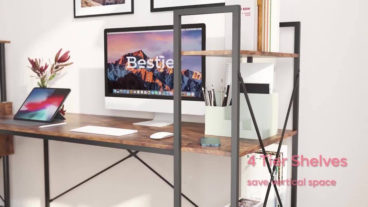 Bestier Computer Office Desk with Steel Frame, Reversible Book Shelves,  Headphone Hook, Adjustable Feet, & Under Desk Storage, Oak