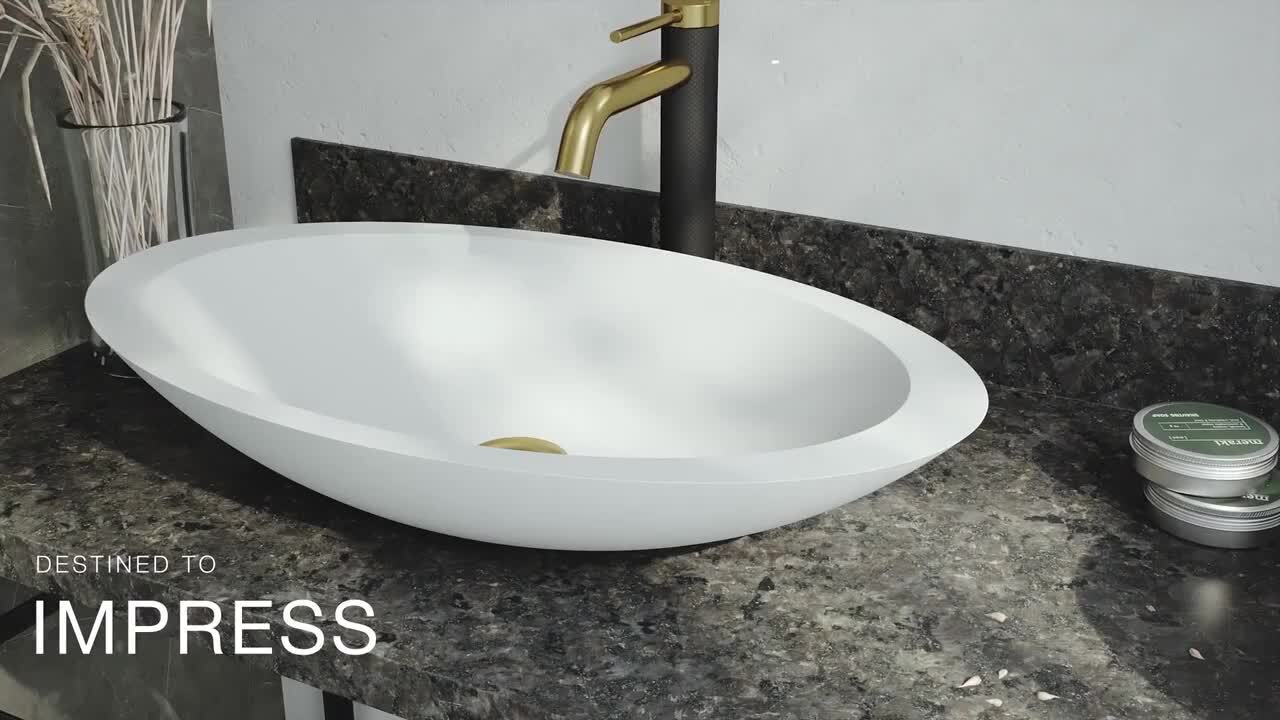 Matte Stone Round Vessel Bathroom Sink in White and Gotham Faucet in Matte Black