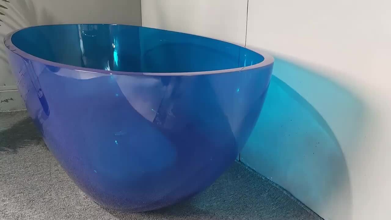 Moray 64 in. x 29 in. Stone Resin Flatbottom Solid Surface Freestanding Soaking Bathtub in Blue with Brass Drain