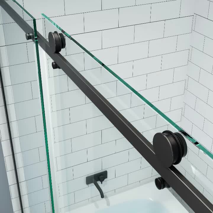 60 in. W x 59 in. H Sliding Frameless Bathtub Door in Matte Black with Clear Glass and Handle 60 in. W x 59 in. H Sliding Frameless Bathtub Door in Matte Black with Clear Glass and Handle