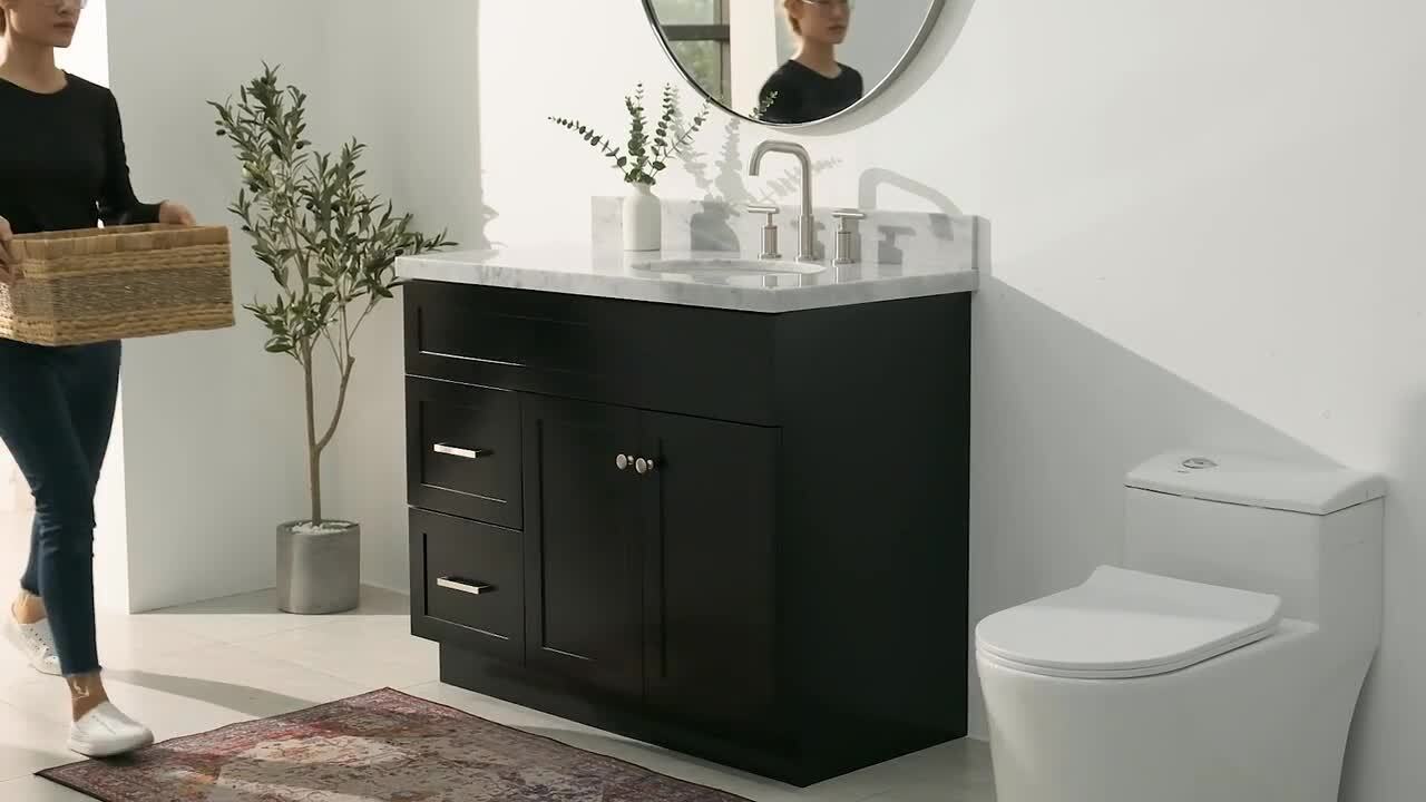 Home Decorators Collection Merryfield 43 in. W x 22 in. D x 35 in. H Freestanding Bath Vanity in Dark Blue-Gray with Carrara White Marble Top