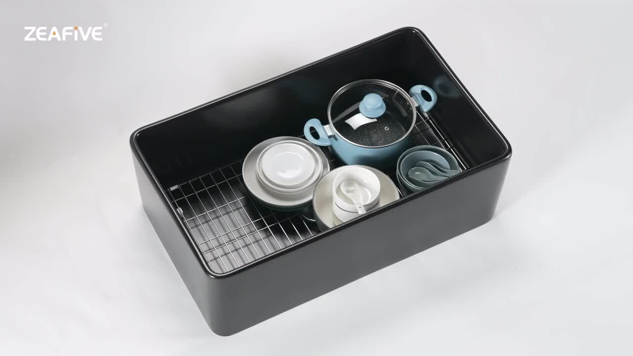 Unbranded - Ber 30 in. Apron Front Single Bowl Fireclay Farmhouse Kitchen Sink Black with Bottom Grid and Strainer
