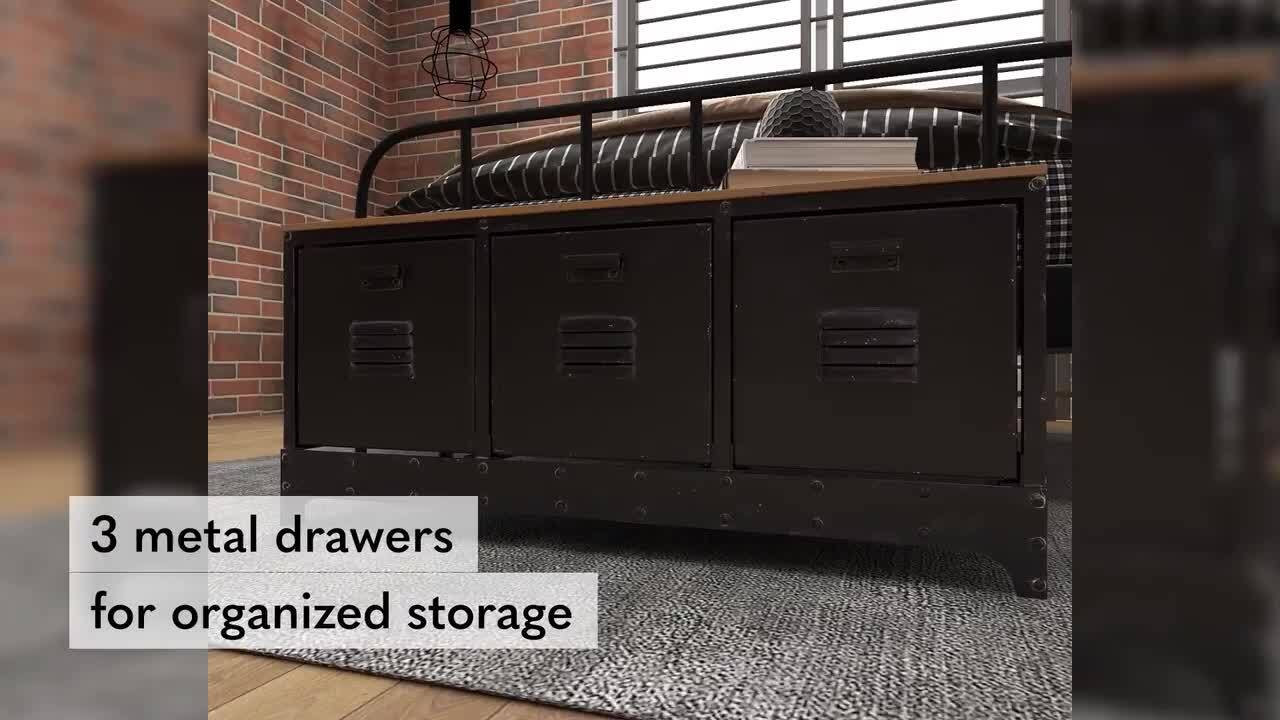 Litton Lane Black Low Profile 3 Drawer Storage Bench with Brown