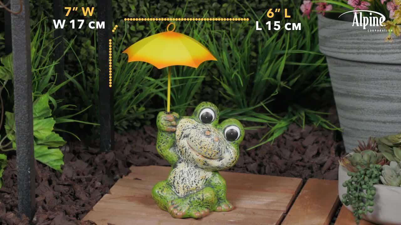 Alpine Corporation Sitting Jolly Frog with Yellow Umbrella Statue