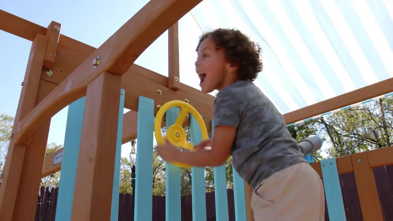 Teamson Kids Laguna Wooden Playset with Belt and Web Swing Slide