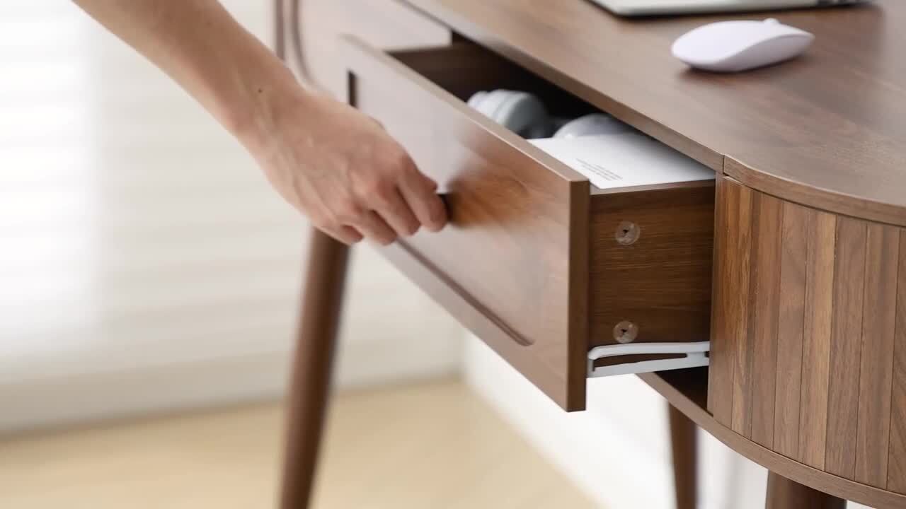 ATHMILE 19.69 in. Arc-Shaped Walnut MDF 2-Drawer Desk with Storage