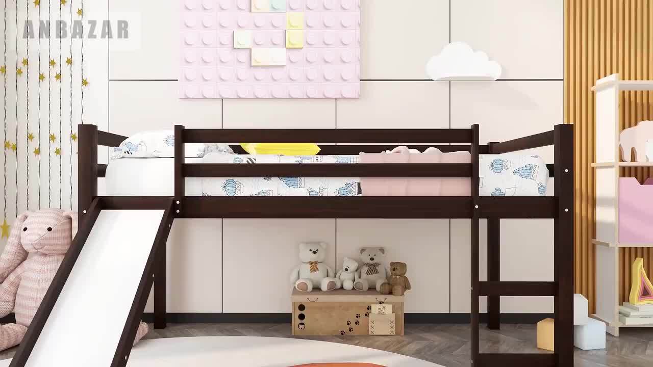 Twin Size Loft Bed with Slide Wood Low Sturdy Loft Bed for Kids Bedroom Espresso 
