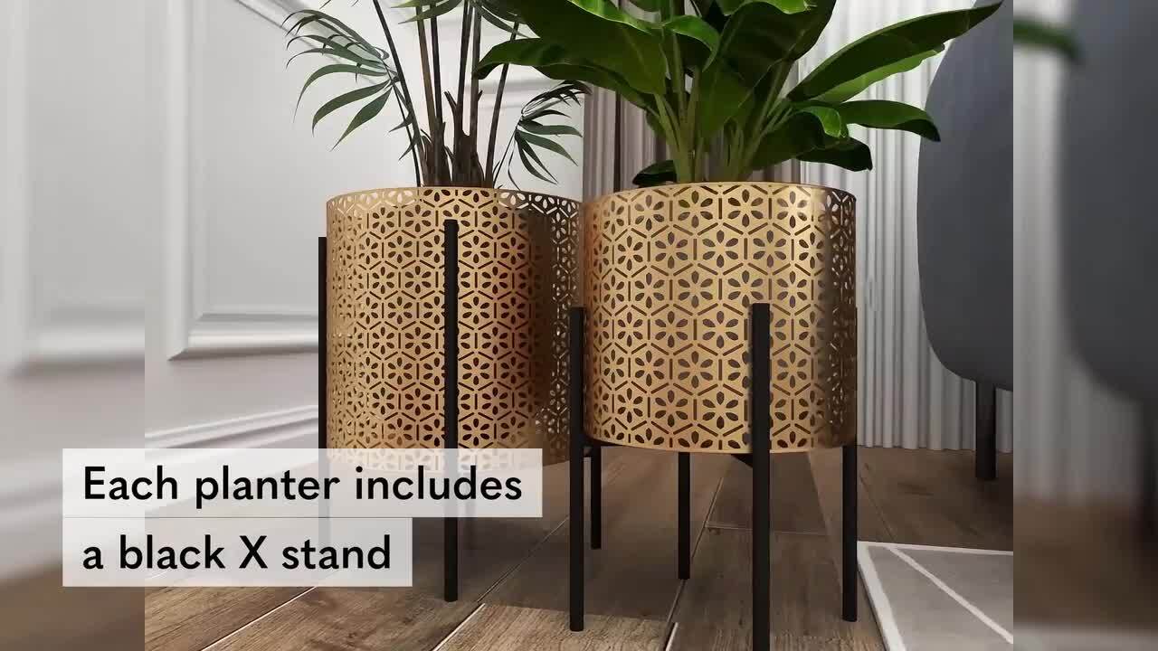 CosmoLiving by Cosmopolitan 15 in., and 14 in. Medium Gold Metal Indoor  Outdoor Planter with Removable Stand (2- Pack) 73864