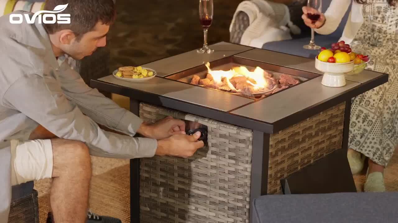 OVIOS Joyoung Brown 7-Piece Wicker Patio Rectangle Fire Pit