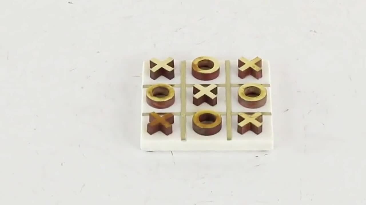 White Marble Tic Tac Toe Game Set with Gold Inlay and Wood Pieces