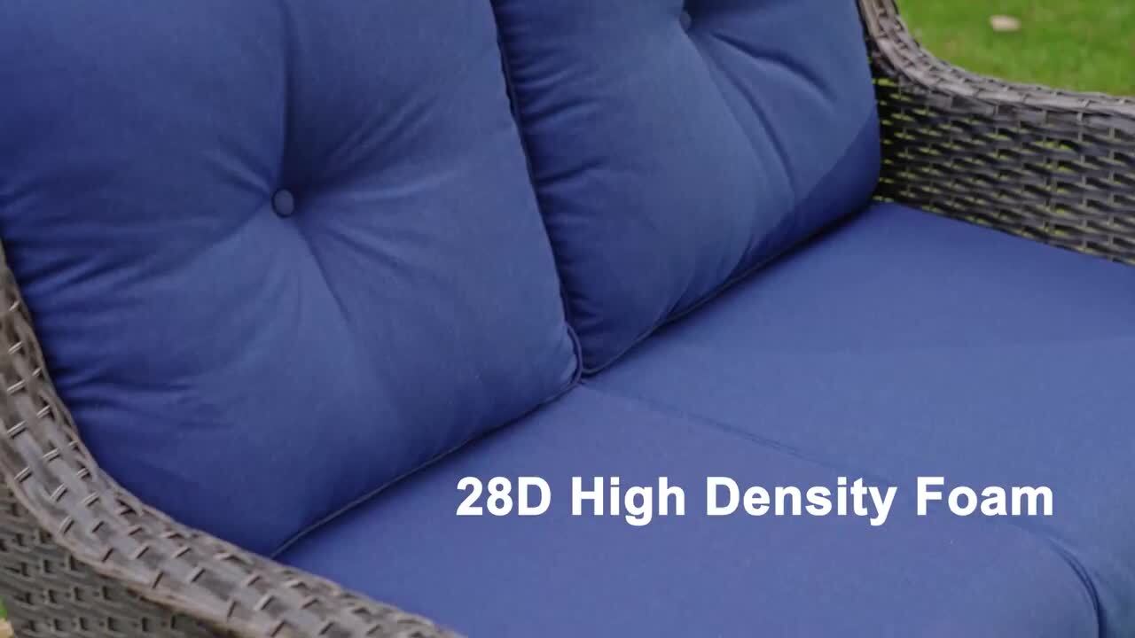 JOYSIDE Brown Wicker Outdoor Patio Loveseat with Blue Cushions M79