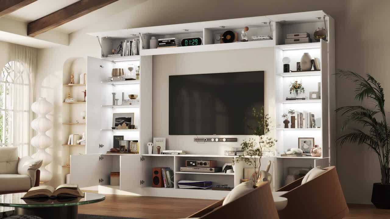 FUFU&GAGA 4-Piece White Wood Entertainment Center TV Console FUFU&GAGA 4-Piece White Wood Entertainment Center TV Console