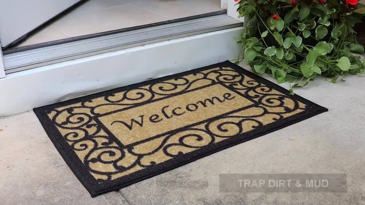 Ottohome Collection Non-Slip Rubberback Floral Border 20x30 Indoor/Outdoor  Doormat, 20 in. x 30 in., Camel