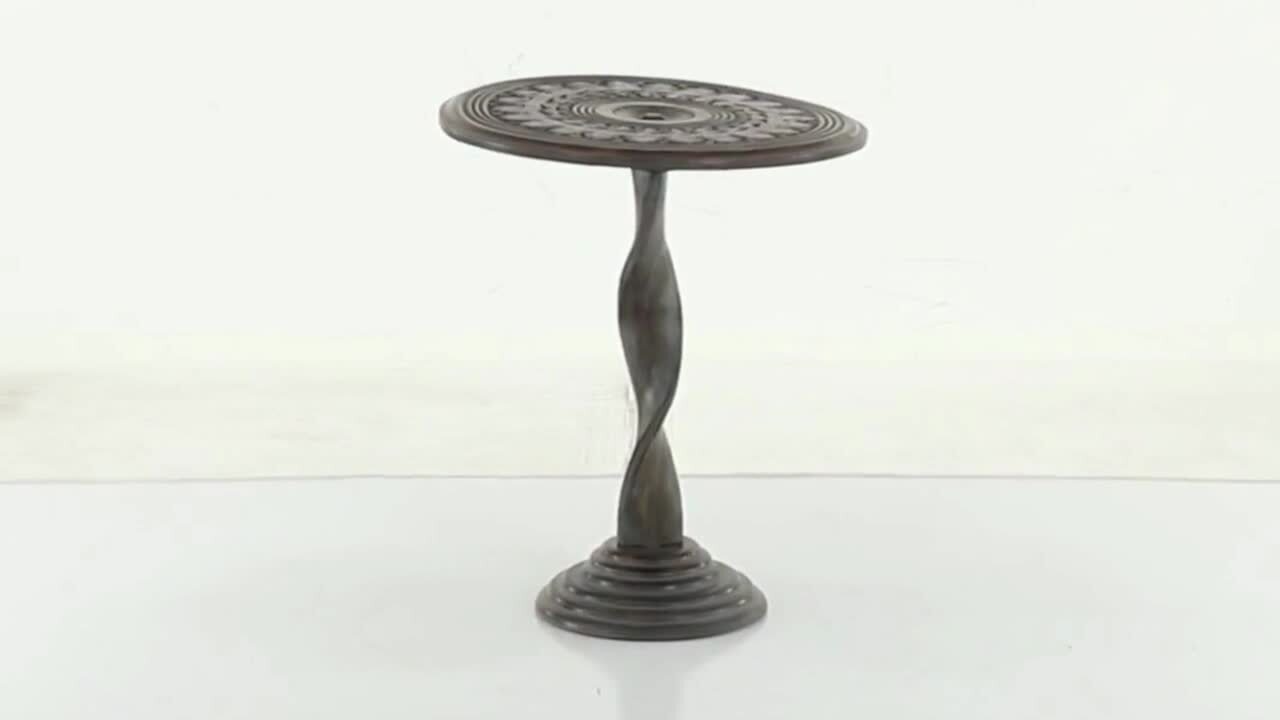 Litton Lane 18 in. Brown Handmade Intricately Carved Floral Large Round Wood  End Table with Spiral Leg and Elevated Base 31888 The Home Depot