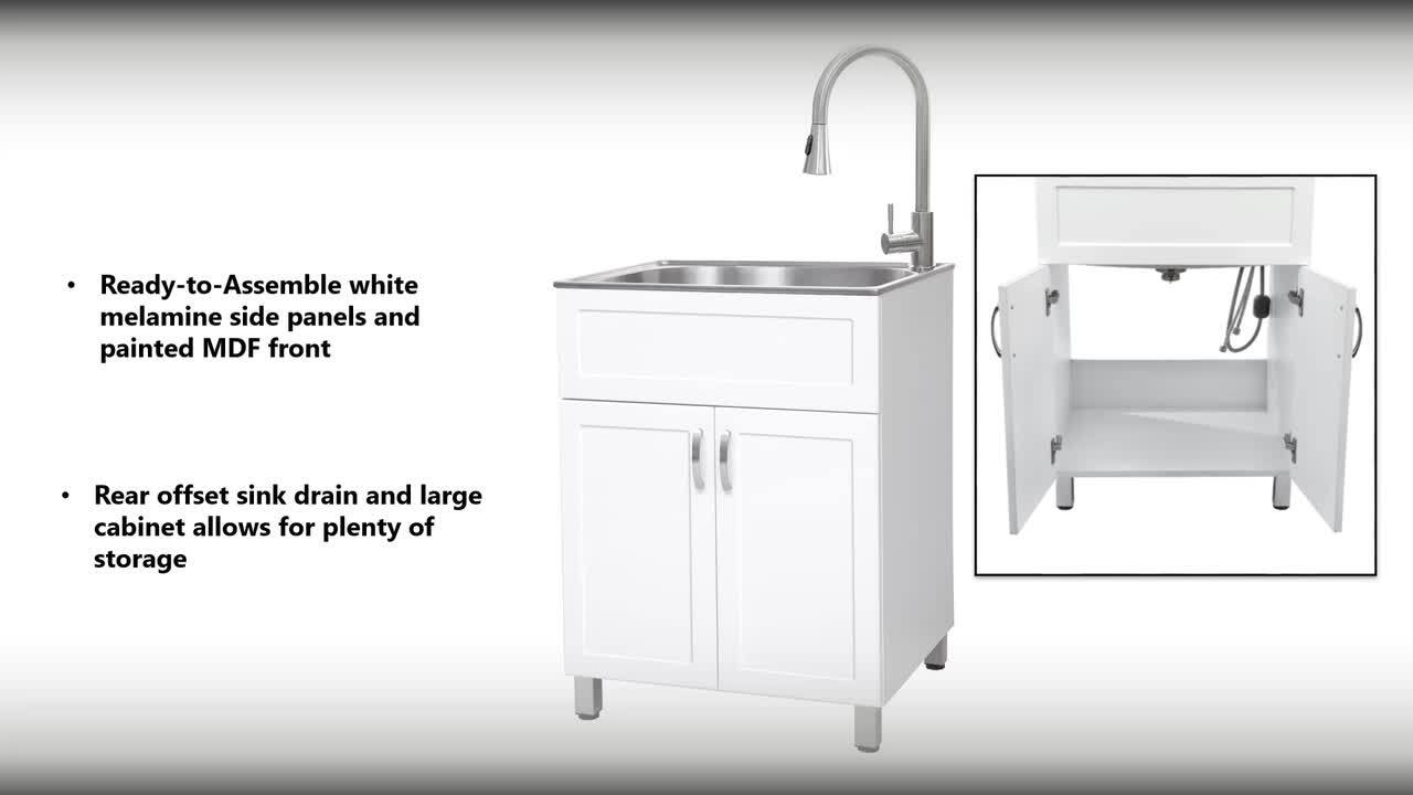 All-in-One 24.2 in. x 21.3 in. x 33.8 in. Stainless Steel Laundry/Utility Sink and White Cabinet