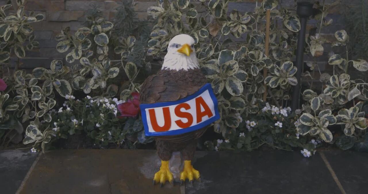 Solar Hand Painted Bald Eagle with Illuminating USA Sign Garden Statue