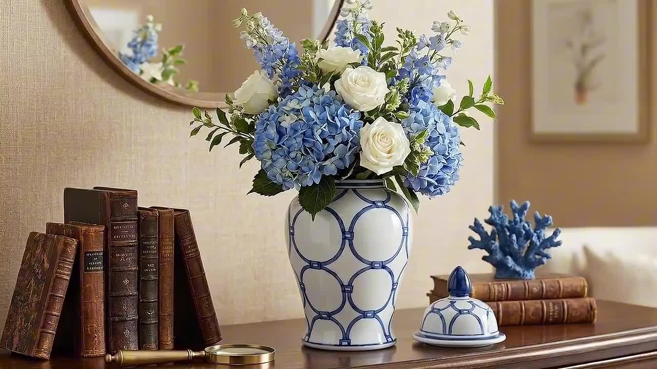 Liv & Skye 18 in. Blue/White Ceramic Links Temple Jar 18476-01