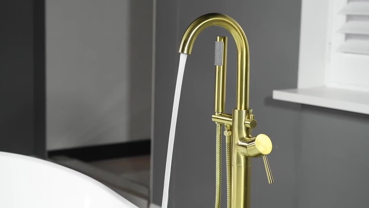 Venice Single-Handle Freestanding Floor Mount Tub Filler Faucet with Hand Shower in Brushed Gold Venice Single-Handle Freestanding Floor Mount Tub Filler Faucet with Hand Shower in Brushed Gold