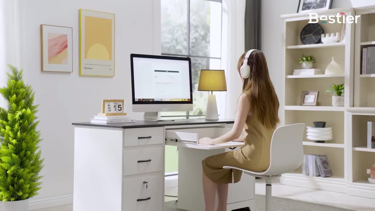 Bestier 59 in. Rectangular White Executive Desk with Lockable File