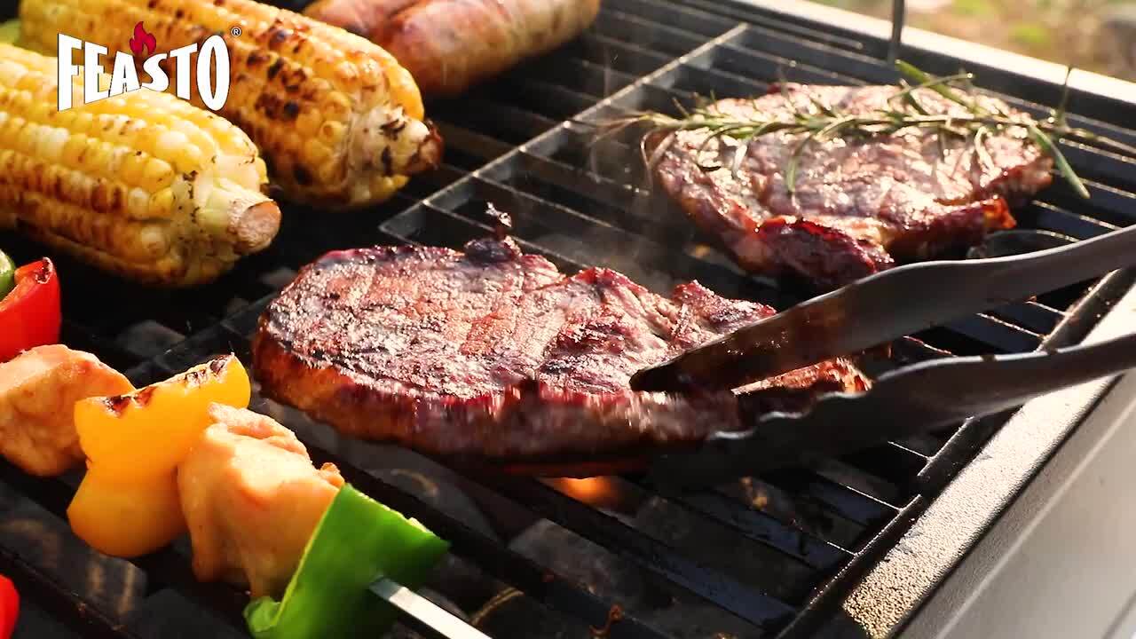 FEASTO Portable Charcoal Grill in Black with Cast Iron Grate with