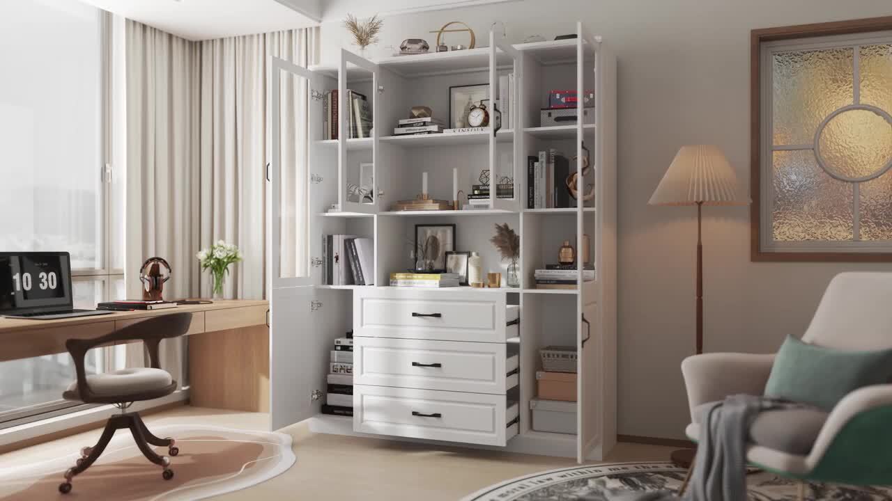 White Wood 63 in. W Buffet Sideboard Food Pantry W/Hutch, Glass Doors, Adjustable Shelves (15.7 in. D x 78.7 in. H)