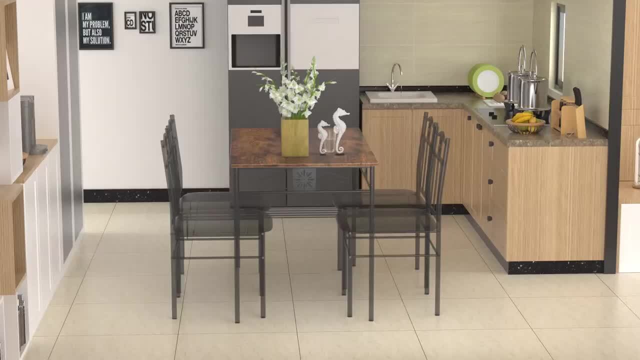 VECELO - 5-Piece Dining Table Set Wooden Kitchen Table 1 Table 4 Chairs Metal Legs, Rectangular Dining Table Sets，42.1"L, Brown