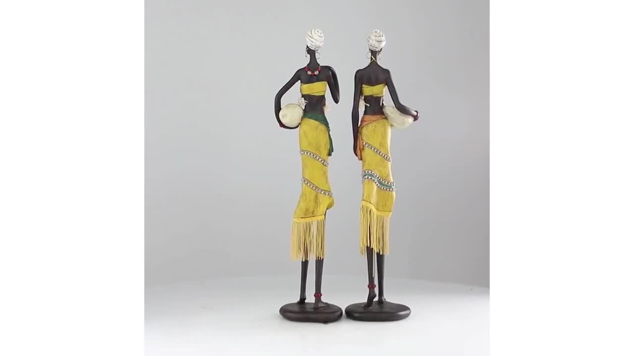 Yellow Polystone Handmade African Woman People Sculpture with Water Jugs  and Jeweled Details (Set of 2)