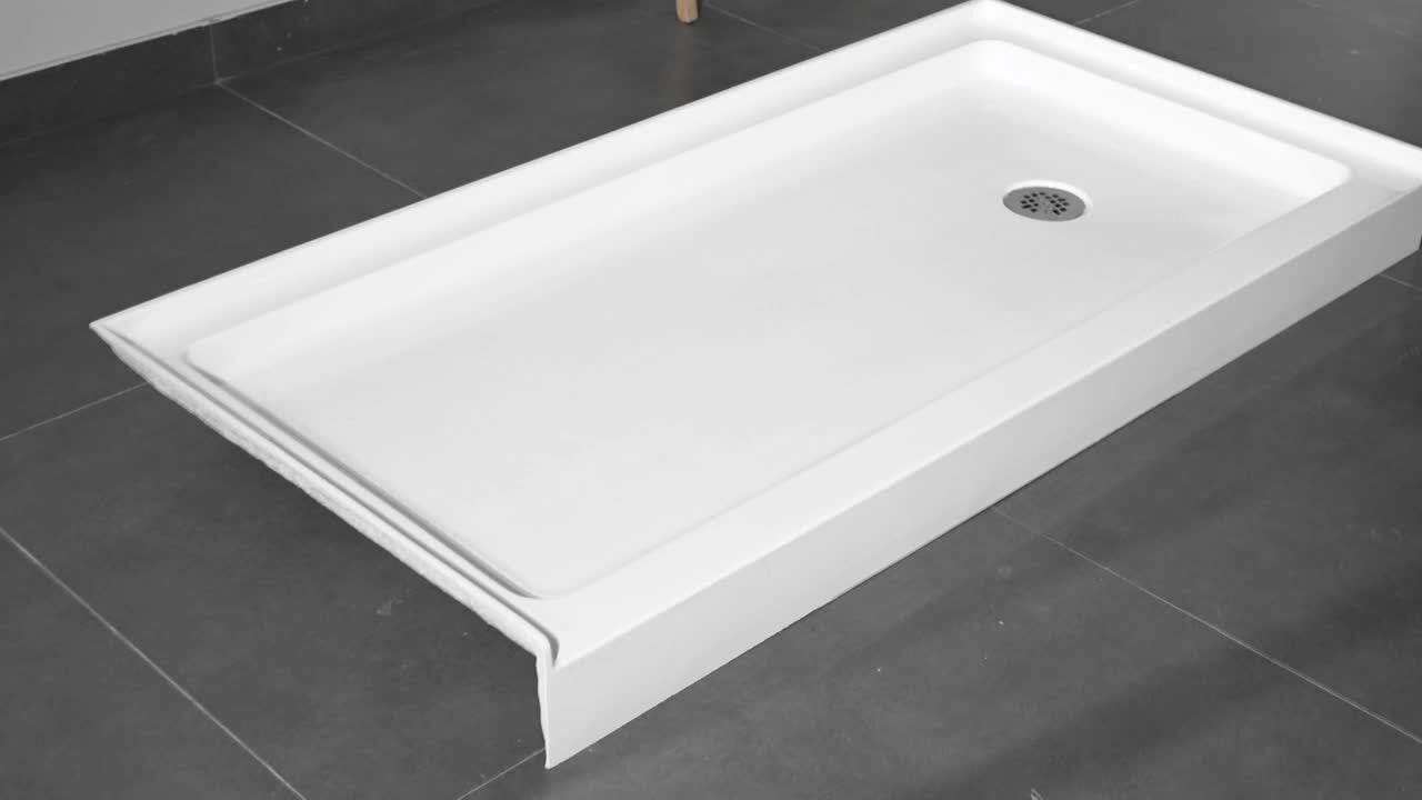 ShowerCast 60 in. x 30 in. Single Threshold Shower Pan in White with Modern Square Chrome Shower Drain Cover Right Drain ShowerCast 60 in. x 30 in. Single Threshold Shower Pan in White with Modern Square Chrome Shower Drain Cover Right Drain