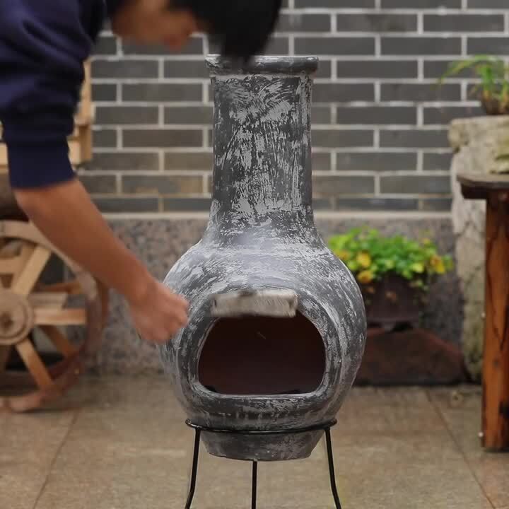 Vintiquewise Outdoor Stoney Grey Clay Chimenea Scribbled Design