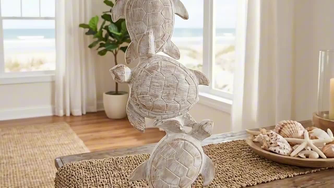 Liv & Skye 7 in. x 16 in. White Resin Coastal Stacked Sea Turtles