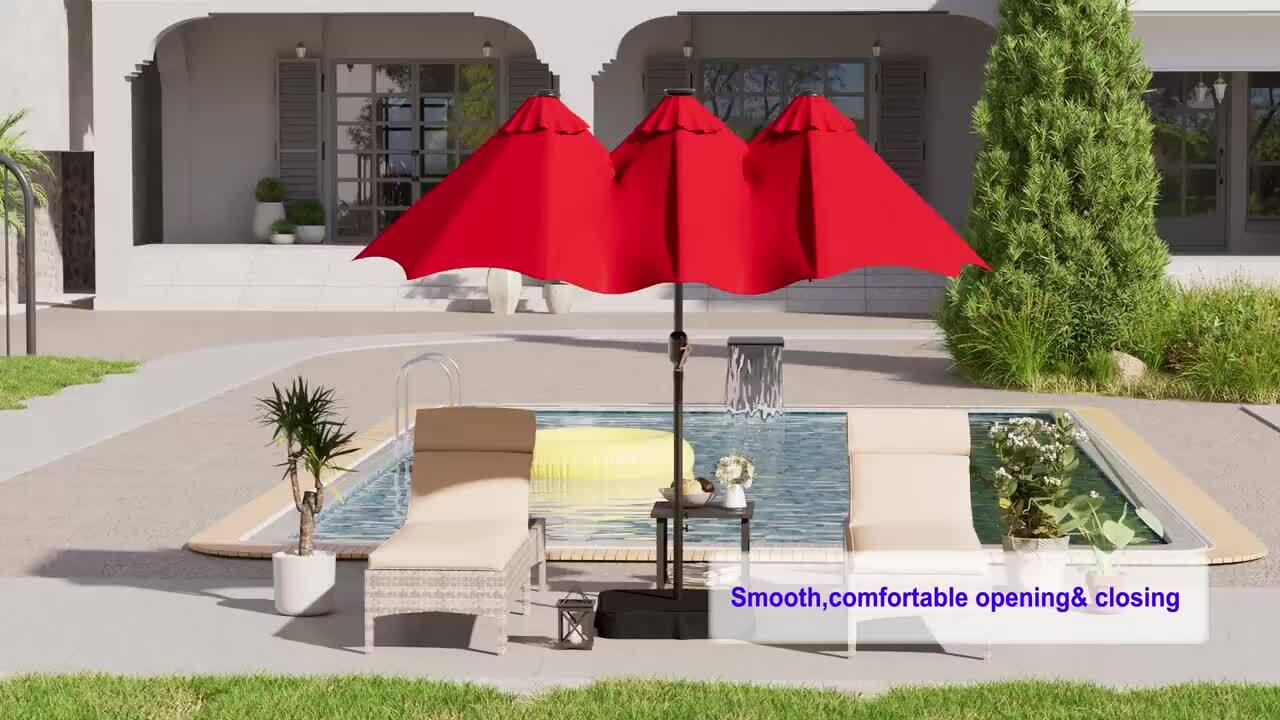 9 ft jordan led patio umbrella JOYESERY 15 ft. x 9 ft. Solar LED Lighted Outdoor Double-Sided Patio Market Umbrella with Crank and Base in Navy Blue