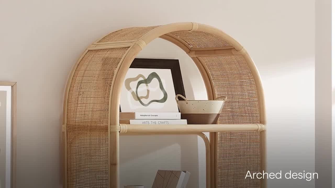 Circle Frame Shelfスペースエイジ モダン MODWAY Celeste 67 Inch Tall Wood Arched Natural Rattan Bookshelf