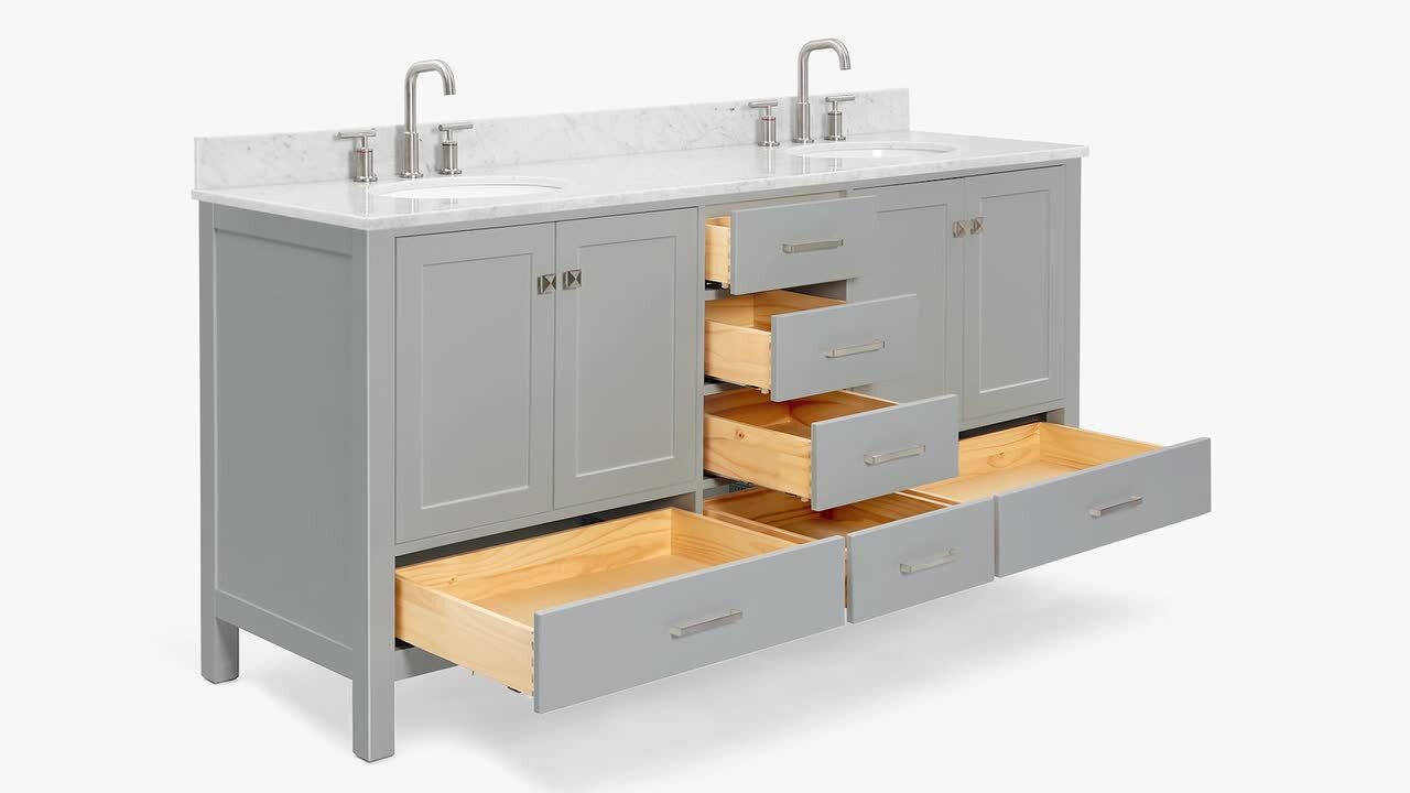 Cambridge 73 in. W x 22 in. D x 35 in. H Bath Vanity in Grey with Quartz Vanity Top in White with White Basin Cambridge 73 in. W x 22 in. D x 35 in. H Bath Vanity in Grey with Quartz Vanity Top in White with White Basin