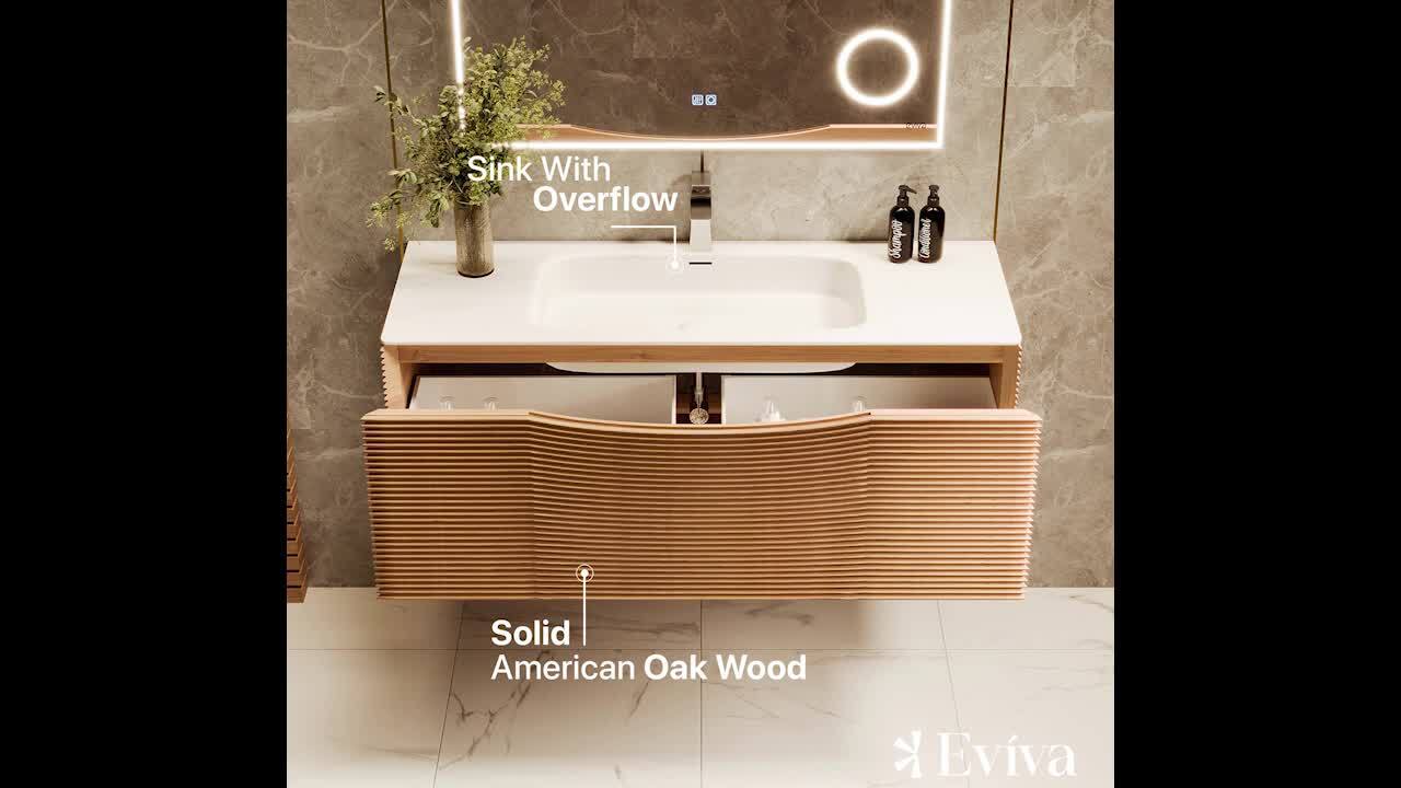 Eviva Leah 32 in. W Solid Wood Single Sink Floating Bath Vanity in Medium Oak with White Solid Surface Top