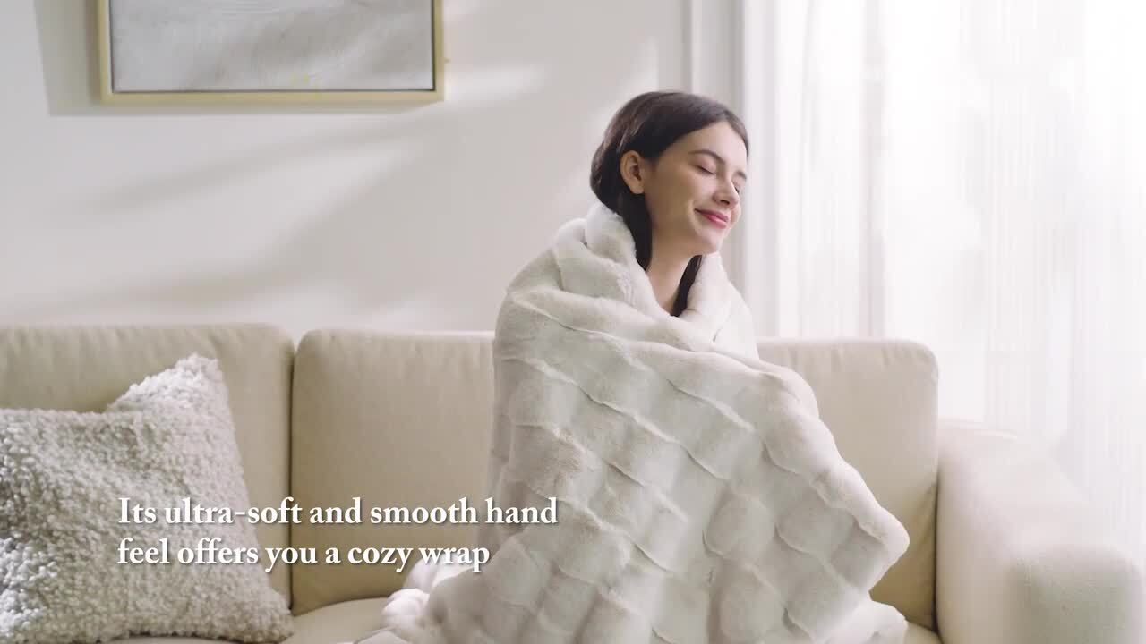 Madison Park Camille Ivory Faux Fur Throw Blanket MP50-8255 - The