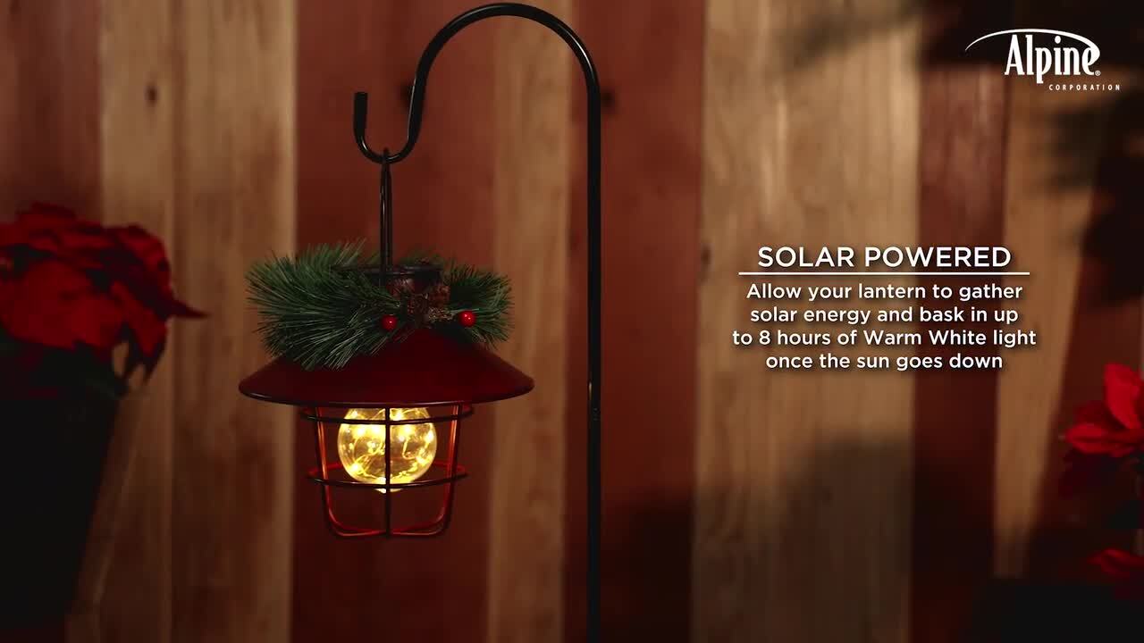 Solar Warm LED Lighted Metal Lantern Antique Christmas Pathway Lights with  Shepherd's Hook, Red