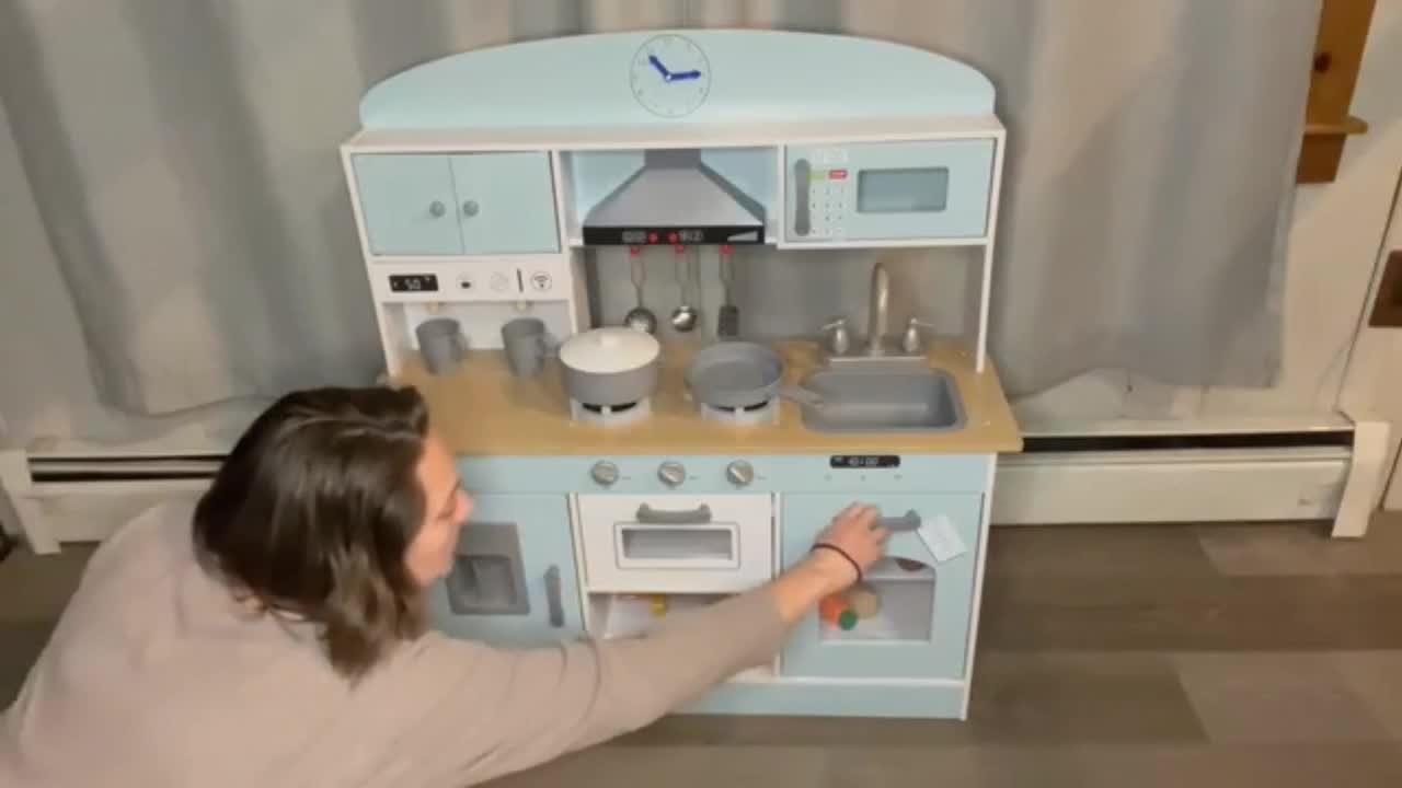 SEEUTEK Wooden Kids Kitchen Playset for Toddlers Includes Stove