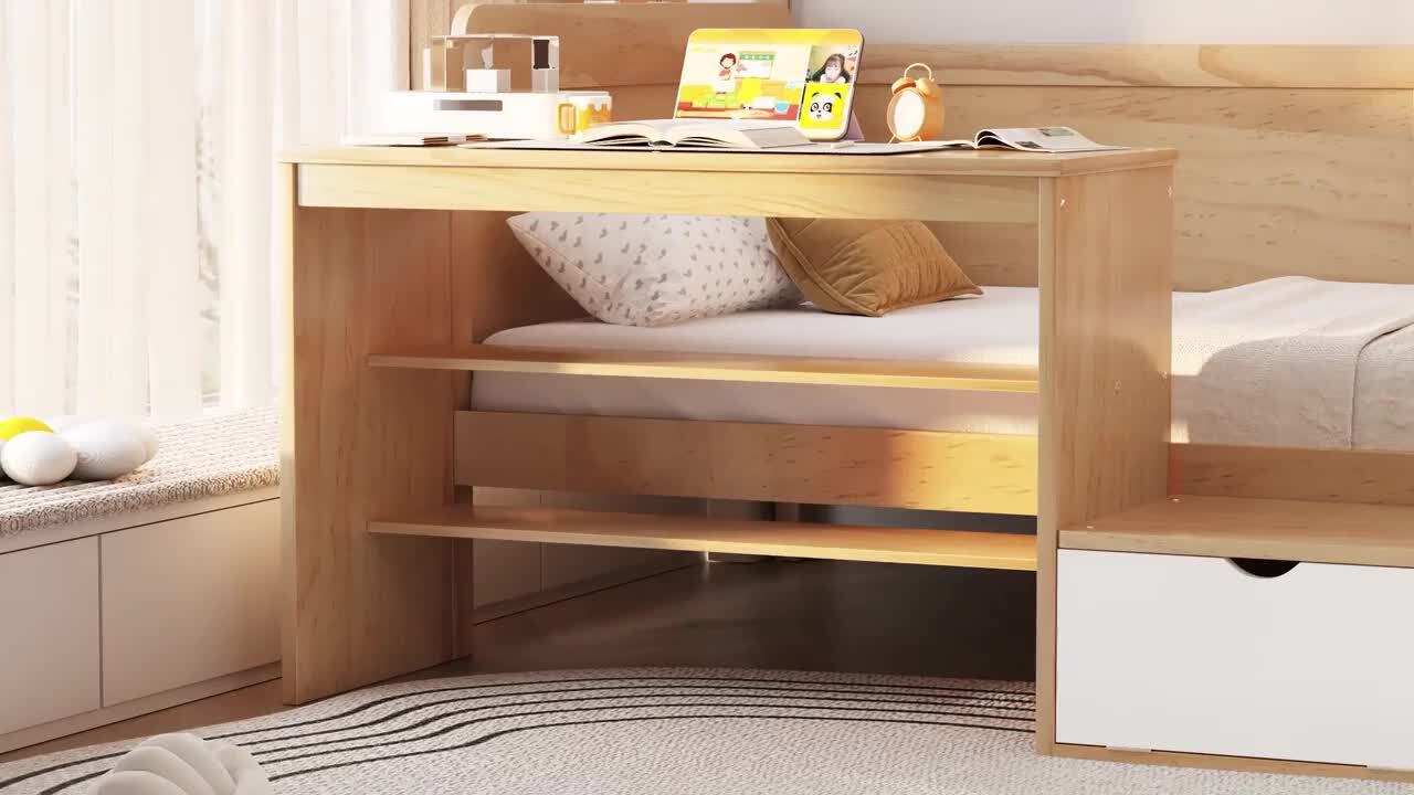 Multifunctional Natural Twin Size Wood Kids Bed with Storage Lockers, Shelves, Matching Desk and Stool, image size:1280x720