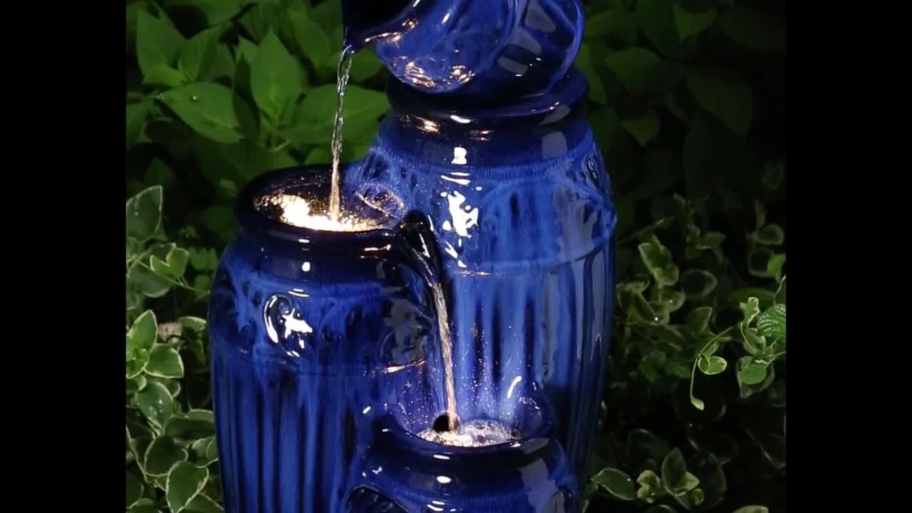 Glitzhome 27.25 inch 4 Tier Cobalt Blue Embossed Pattern Ceramic Pots LED Fountain