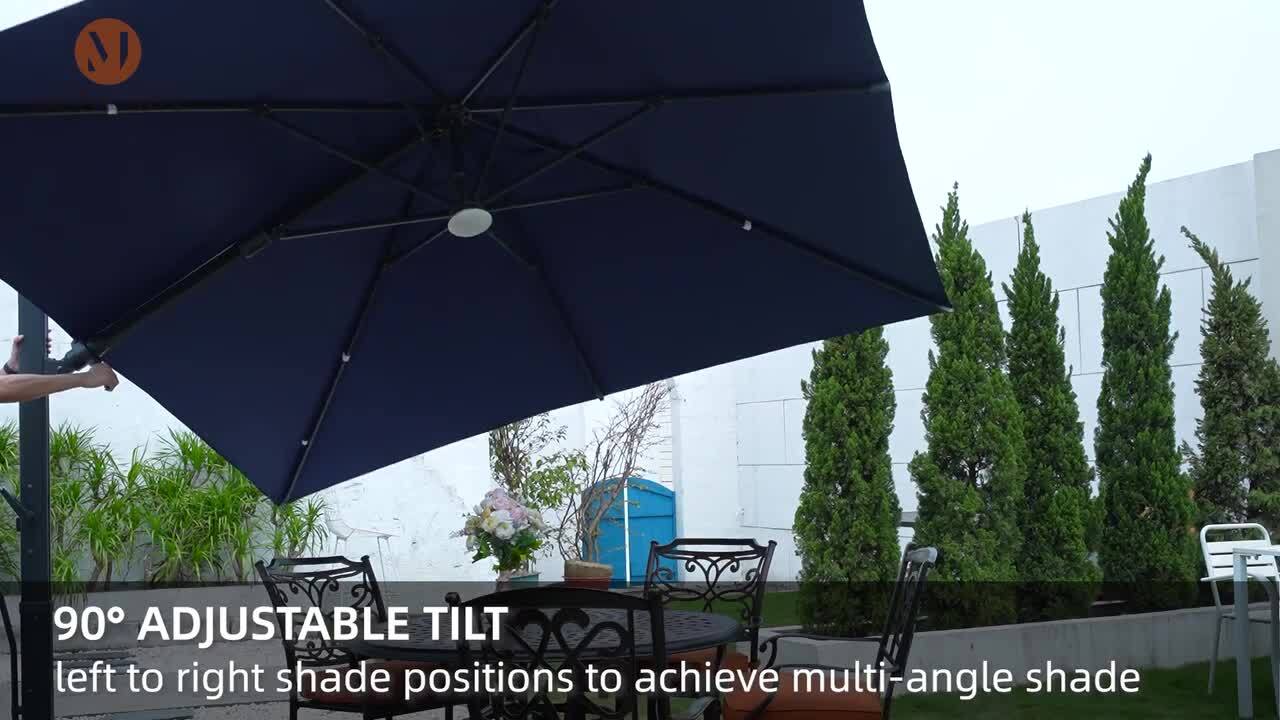 Mondawe 10ft Square Solar LED Cantilever Patio Umbrella with Included Base Stand & Bluetooth Light - Navy Blue