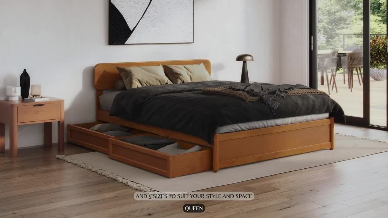 Capri Walnut Brown Solid Wood Frame Queen Platform Bed with Panel Footboard and Storage Drawers