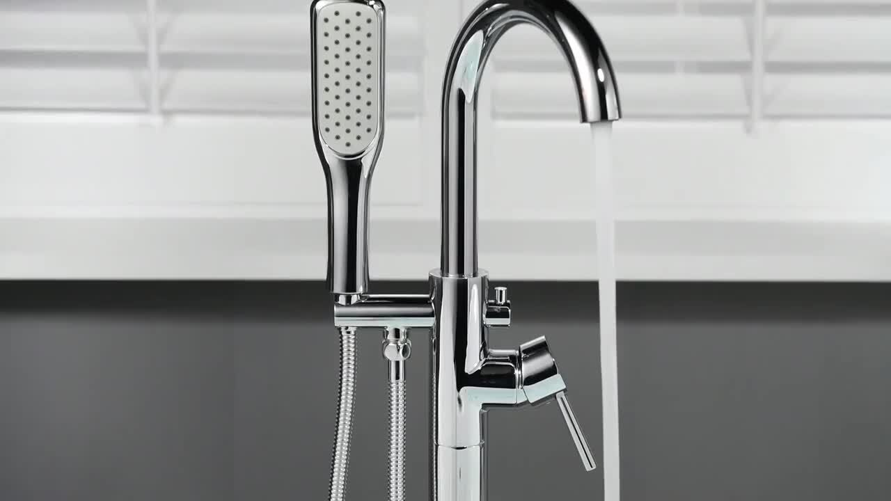 Venice Single-Handle Freestanding Floor Mount Tub Filler Faucet with Hand Shower in Brushed Gold Venice Single-Handle Freestanding Floor Mount Tub Filler Faucet with Hand Shower in Brushed Gold